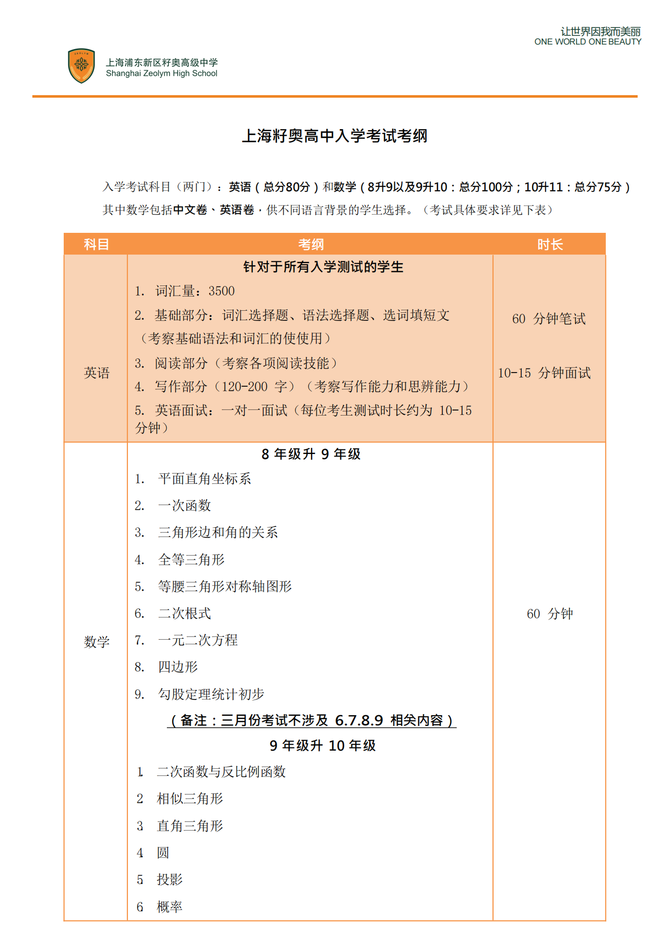 上海籽奧高中新生入學(xué)考綱